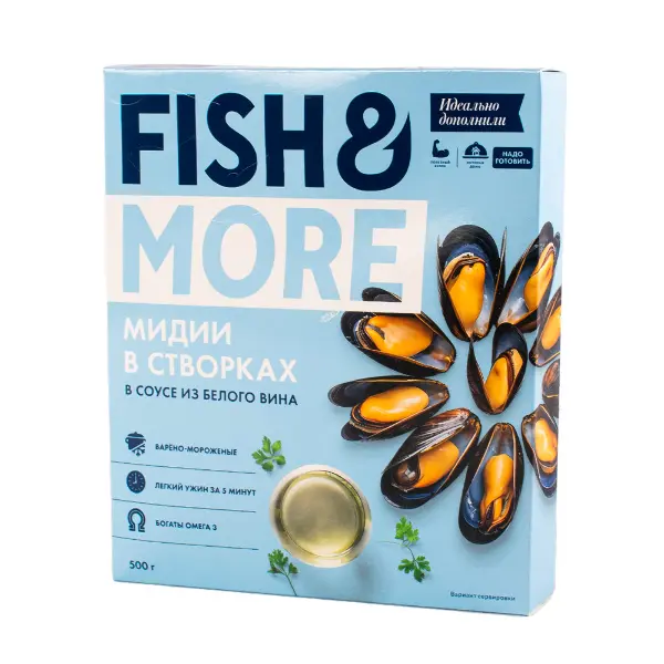 Мидии в створках в/м в соусе из белого вина 40/60Fish&More ST ANDREWS SMOKY 10752 500гр,10шт/кор