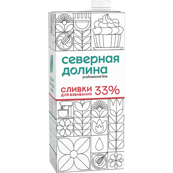Сливки ультрапастеризованные для взбивания 33% Северная Долина 1л, 12шт/кор