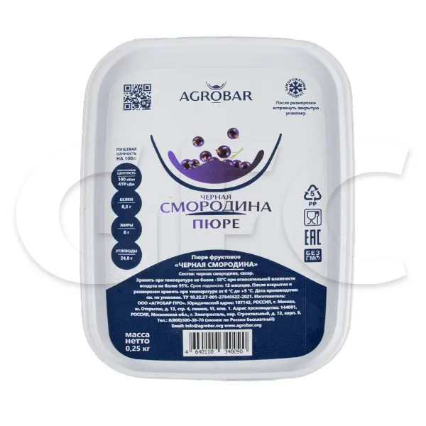 Пюре Черная смородина Агробар 250гр, 12шт/кор