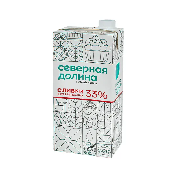 Сливки ультрапастеризованные для взбивания 33% Северная Долина 1л, 12шт/кор