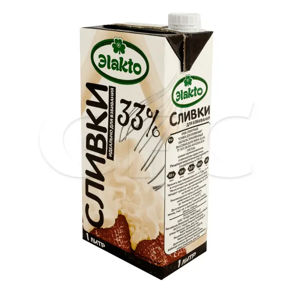 Сливки ультрапастеризованные питьевые 33% Эlakto 1л, 12шт/кор
