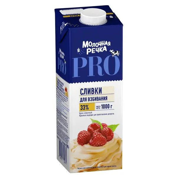 Сливки ультрапастеризованные 33% Молочная Речка 1л, 12шт/кор