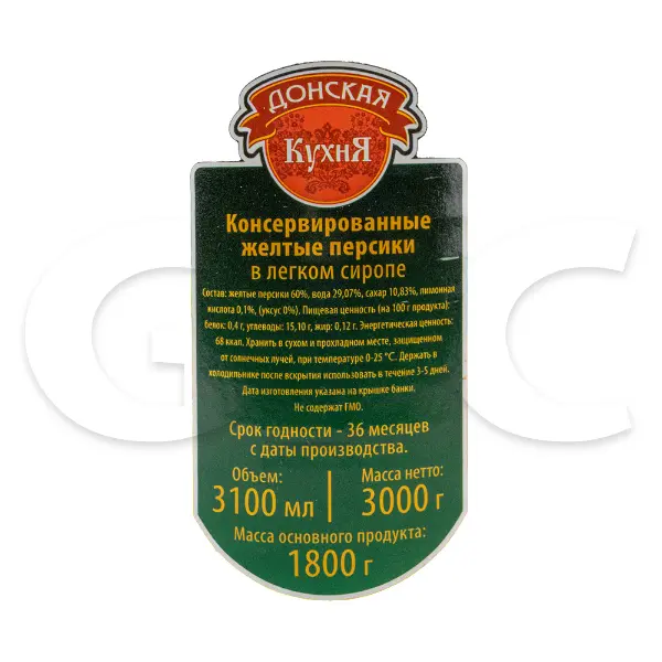 Персики консервированные половинки в легком сиропе Донская кухня 3100мл/3000гр/1800гр ж/б, 6шт/кор