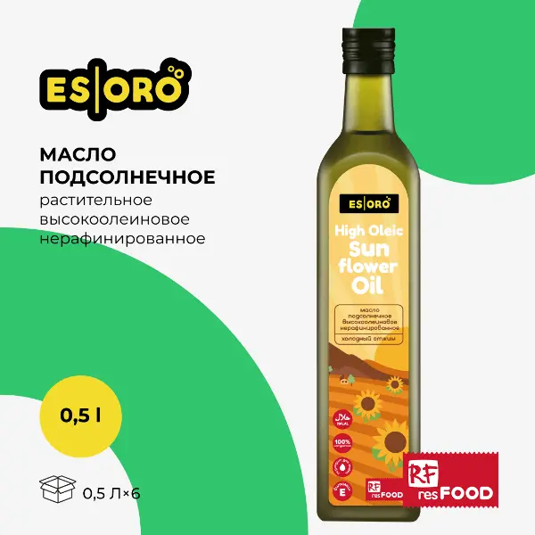 Масло подсолнечное нерафинированное высокоолеиновое Esoro Resfood 500мл, 6шт/кор