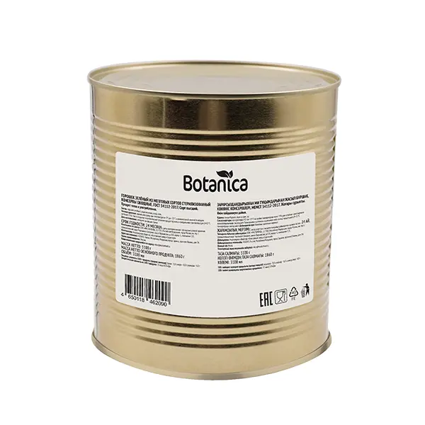 Горошек зеленый консервированный высший сорт ГОСТ Botanica 3100мл/3020гр/1860гр ж/б, 4шт/кор, Россия