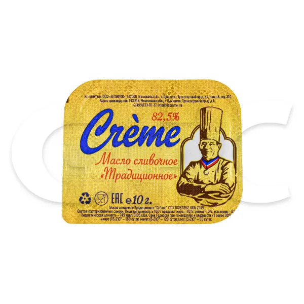 Масло сладко-сливочное традиционное 82,5% Creme 10гр, 150шт/кор, блистер