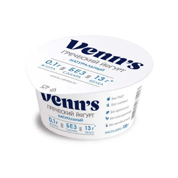 Йогурт Греческий обезжиренный Venn`s, 0,1%, 130 гр*6
