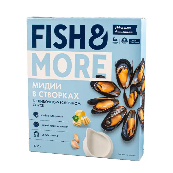 Мидии в створках в/м в сливочно-чесночном соусе 40/60Fish&More ST ANDREWS SMOKY 10752 500гр,10шт/кор