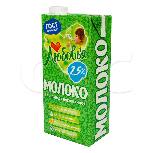 Молоко ультрапастеризованное 2,5% Любовья 950мл, 12шт/кор