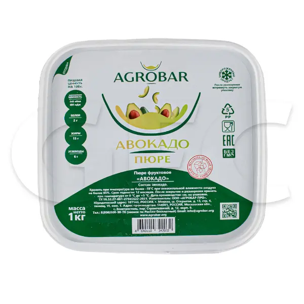 Пюре Авокадо Агробар 1кг, 6шт/кор