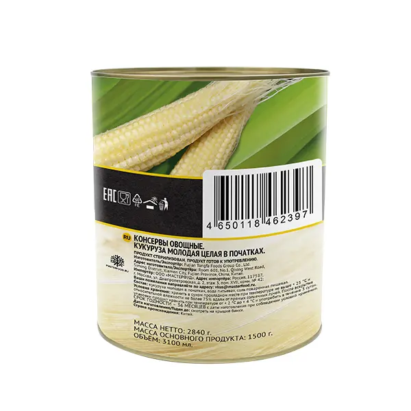 Кукуруза консервированная в початках Botanica 3100мл/2840гр/1500гр ж/б, 6шт/кор, Китай