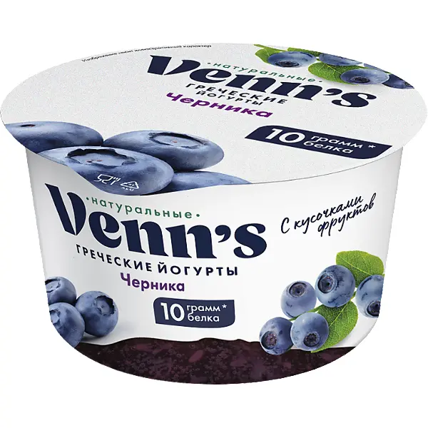 Йогурт Греческий обезжиренный с черникой Venn`s, 0,1%, 130 гр