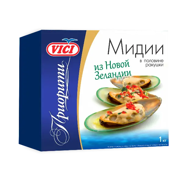 Мидии зеленые в створке раковины с/м VICI Вичюнай 1кг, 5шт/кор, Н.Зеландия