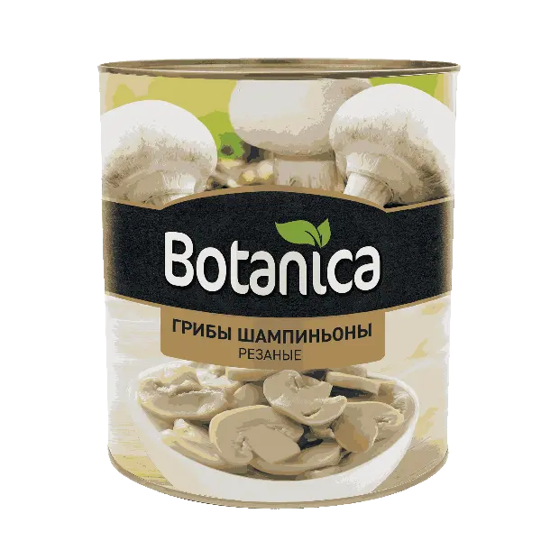 Грибы шампиньоны резаные Botanica 3100мл/2840гр/1800гр, 6шт/кор, Китай