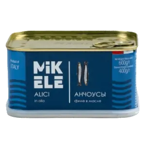 Анчоусы консервированные в масле филе MIKELE 600/400гр ж/б, 12шт/кор