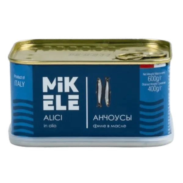 Анчоусы консервированные в масле филе MIKELE 600/400гр ж/б, 12шт/кор