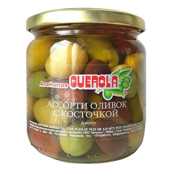 Оливки ассорти с косточкой Guerola 340 гр ст/б Египет*6