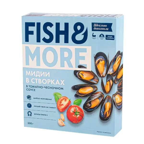 Мидии в створках в/м в томатно-чесночном соусе 40/60 Fish&More ST ANDREWS SMOKY 10752 500гр, 10шт/кор