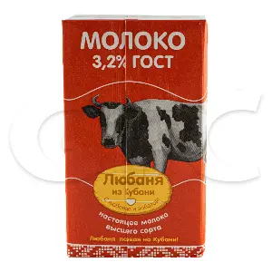 Молоко ультрапастеризованное 3,2% Любаня из Кубани 1л без крышки, 12шт/кор