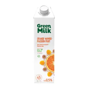 Молоко растительное со вкусом апельсин-манго-маракуйя на соевой основе Green Milk 1л, 12шт/кор