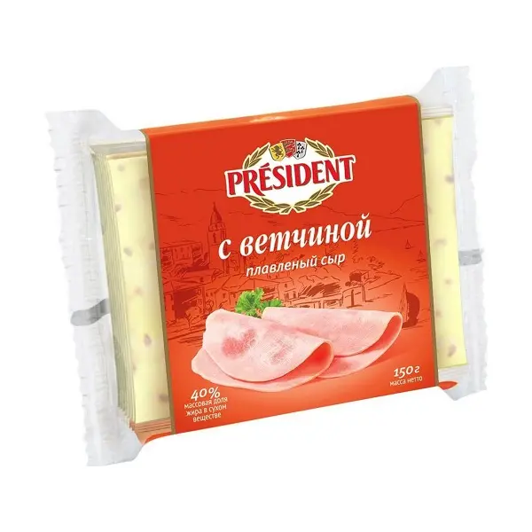 Сыр плавленный ломтевой С Ветчиной Президент м.д.ж. 40% 150г