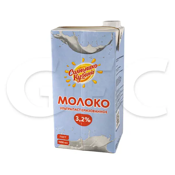 Молоко ультрапастеризованное 3,2% Солнышко Кубани 1л с крышкой mid, 12шт/кор