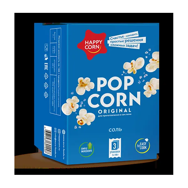 Попкорн для СВЧ с солью Happy Corn 100гр, 3шт/упак, 6упак/кор