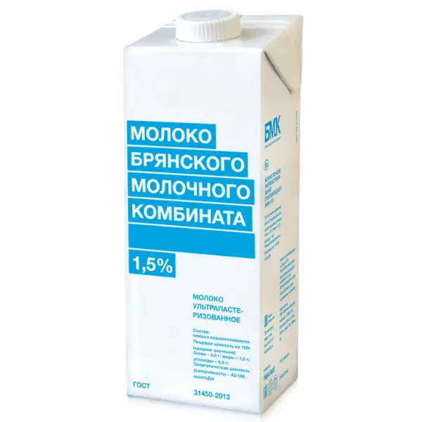 Молоко ультрапастеризованное 1,5% БМК 975мл ТВА edge, 6шт/кор